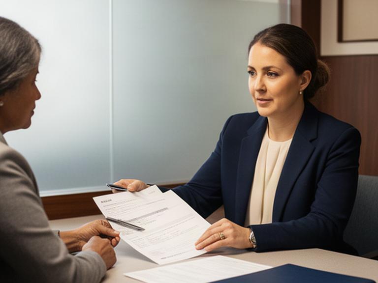 Bank adviser reviewing confidential account documents with a customer in a private Lakeville office