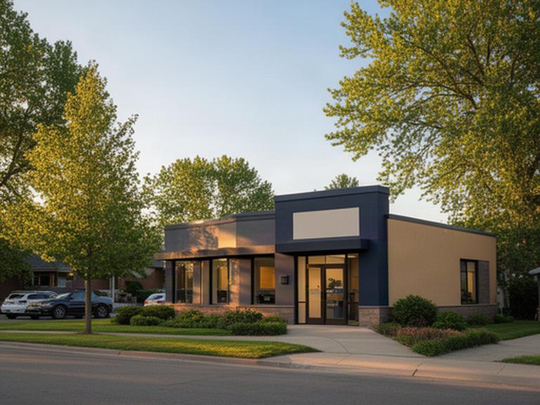 Welcoming community bank branch on a leafy Lakeville street in warm morning light