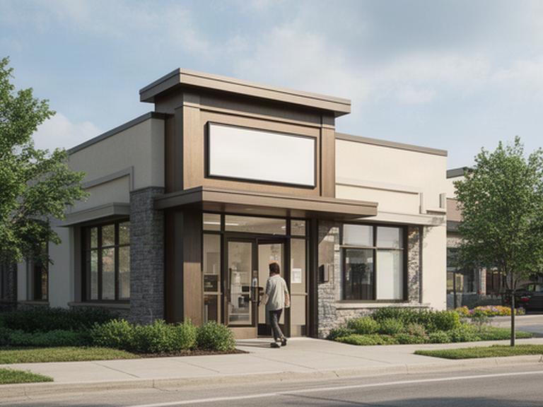 Exterior of a neighborhood bank branch on Juniper Way in Lakeville, Minnesota, with a customer entering during daytime